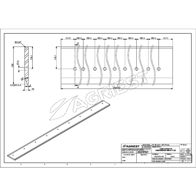 Lame Percee 200X20 LG 2450 400HB 9 TRS Ø16 EA 287,5 référence fournisseur 451173